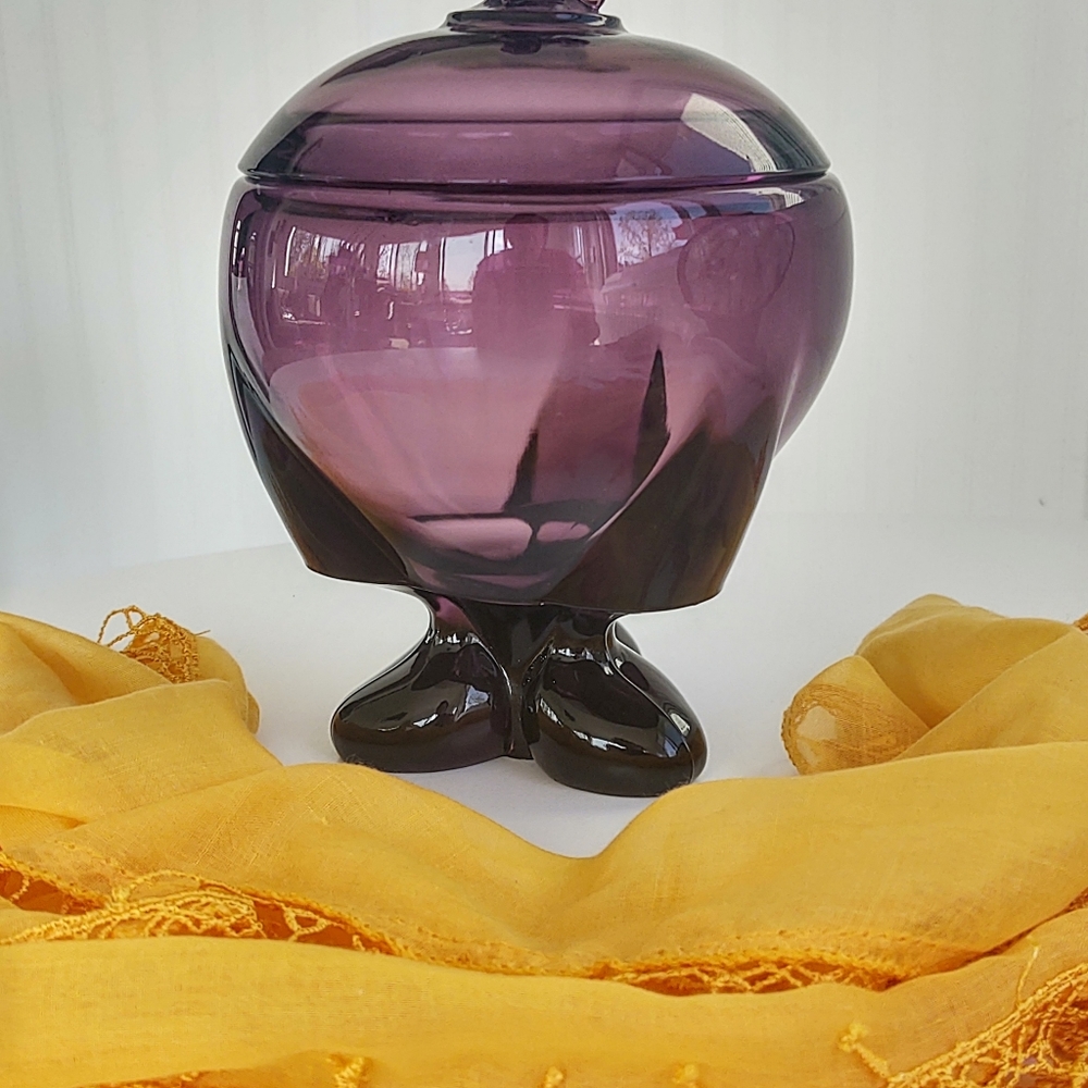 Rare Violet/purple/amethyst Viking Epic 3 Foil Candy Dish retro MCM glass art